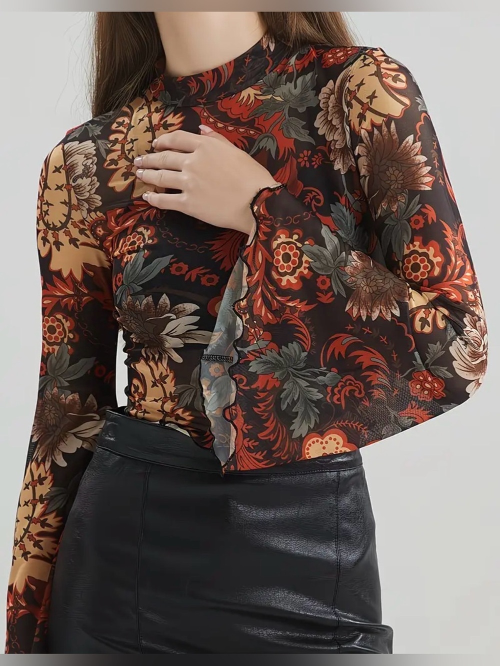 Bell sleeves Floral Mesh Long-Sleeve Top